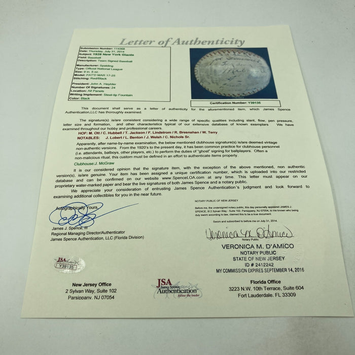 Roger Bresnahan & Mel Ott 1928 New York Giants Team Signed Baseball JSA COA