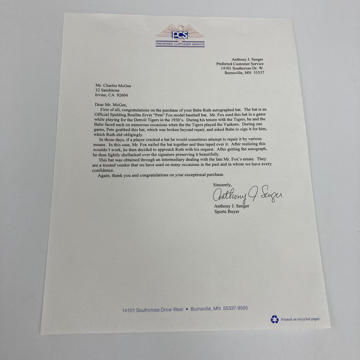 Babe Ruth Signed Autographed 1930's Game Used Baseball Bat PSA DNA COA