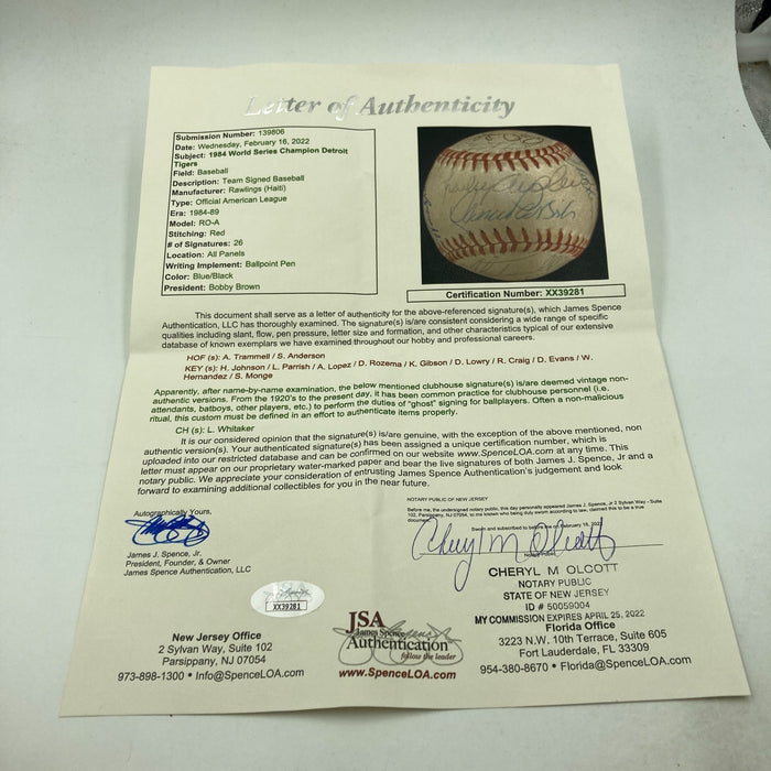1984 Detroit Tigers World Series Champs Team Signed Baseball 26 Sigs JSA COA