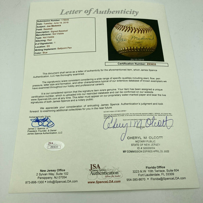 Beautiful Joe Medwick Single Signed Official National League Baseball JSA COA