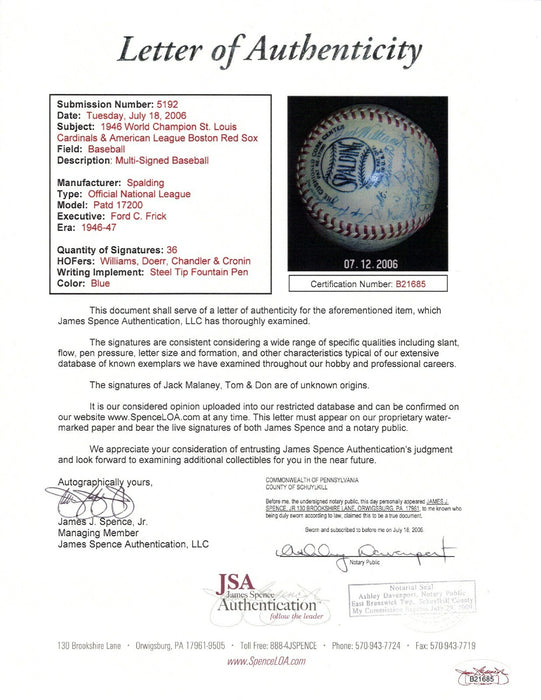1946 World Series St. Louis Cardinals VS Boston Red Sox Signed Baseball JSA COA