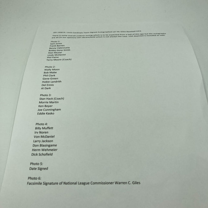 1958 St. Louis Cardinals Team Signed National League Baseball Stan Musial JSA