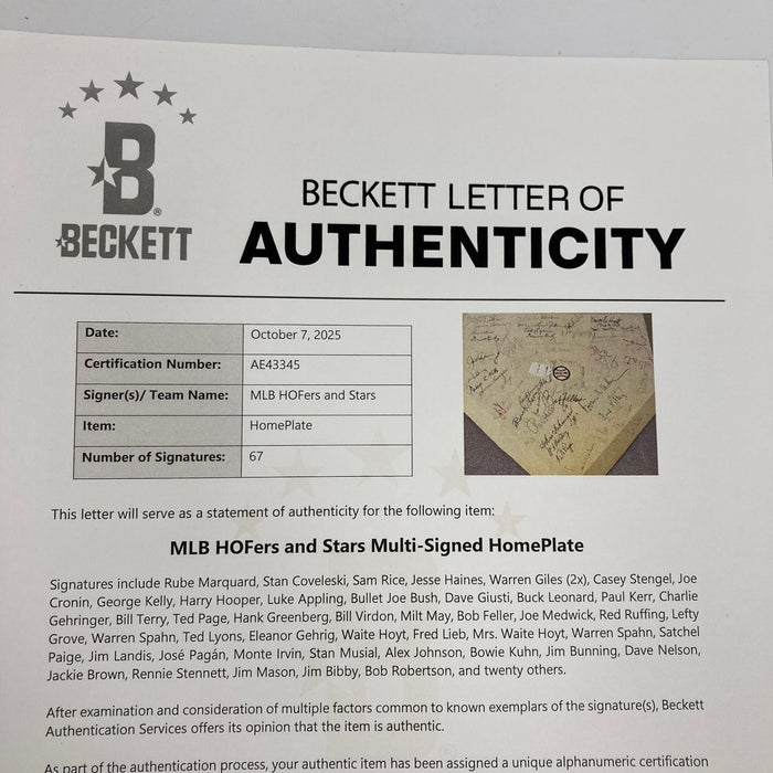 Incredible 1970's HOF Multi Signed Home Plate 67 Sigs Satchel Paige Beckett COA