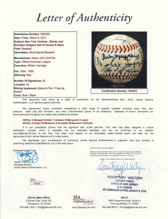 New York Yankees Giants Dodgers 1920's-1950's Legends Multi Signed Baseball JSA