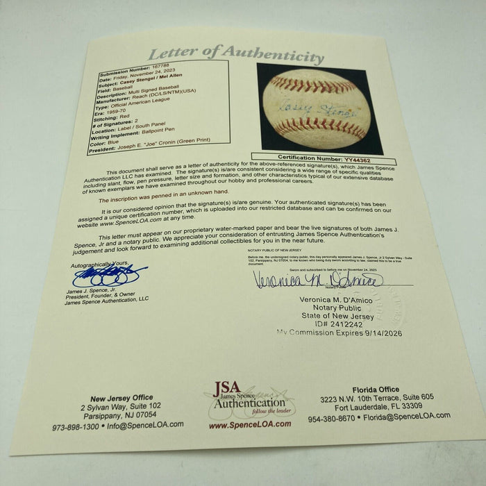 Casey Stengel & Mel Allen Signed 1960's Game Used Baseball JSA COA