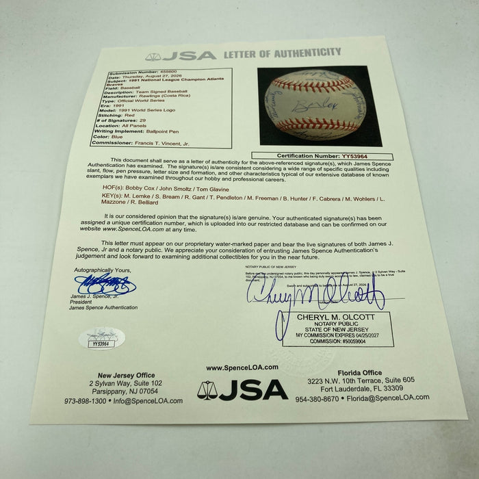 1991 Atlanta Braves NL Champs Team Signed World Series Baseball 29 Sigs JSA COA