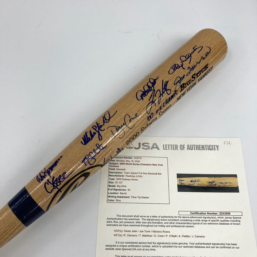 2000 NY Yankees WS Champs Team Signed Bat Derek Jeter Mariano Rivera JSA COA