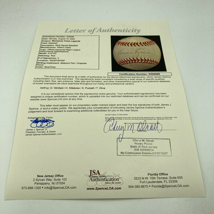 Kirby Puckett Harmon Killebrew Tony Oliva Twins HOF Legends Signed Baseball JSA
