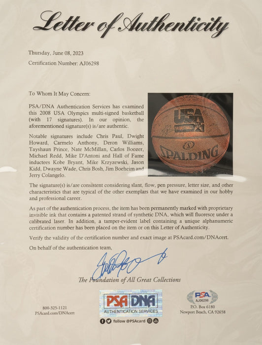 2008 Team USA Redeem Team Signed Basketball Kobe Bryant 17 Sigs Olympics PSA DNA