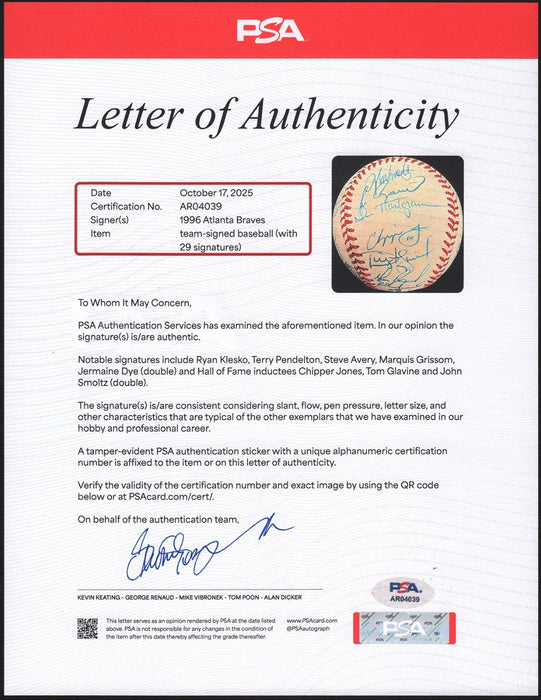 1996 Atlanta Braves NL Champs Team Signed MLB Baseball PSA DNA COA