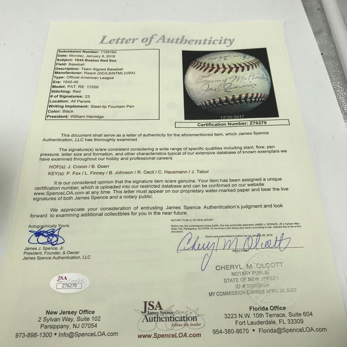 The Finest 1944 Boston Red Sox Team Signed American League Baseball JSA COA