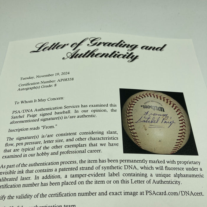Satchel Paige Single Signed Baseball PSA DNA Graded Near Mint 8