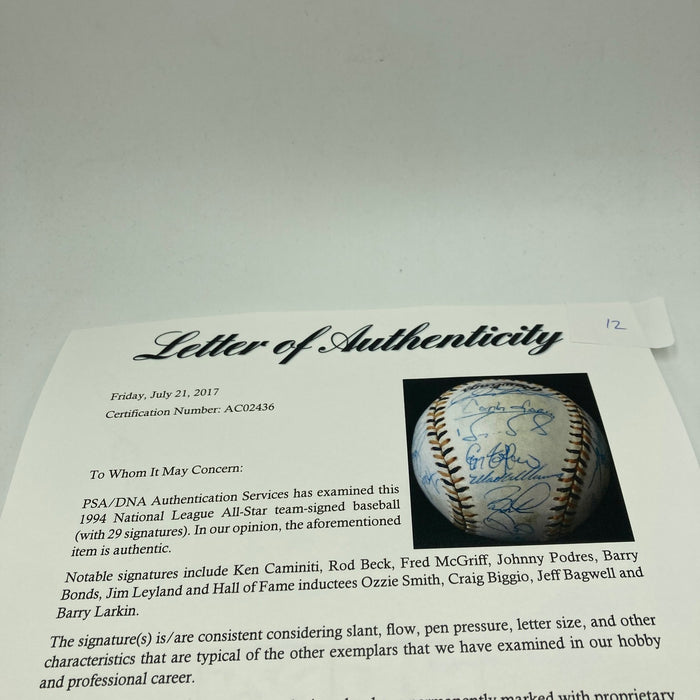 1994 All Star Game National League Team Signed Baseball Barry Bonds PSA DNA COA