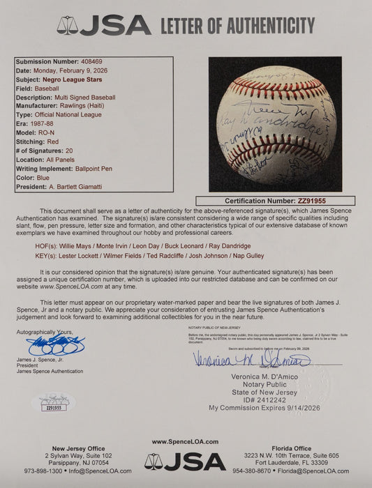 Willie Mays Negro League Legends Multi Signed Baseball 20 Signatures JSA COA