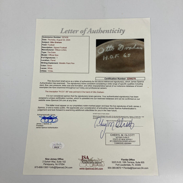 Otto Graham Hall Of Fame 1965 Signed Vintage Wilson NFL Game Football JSA