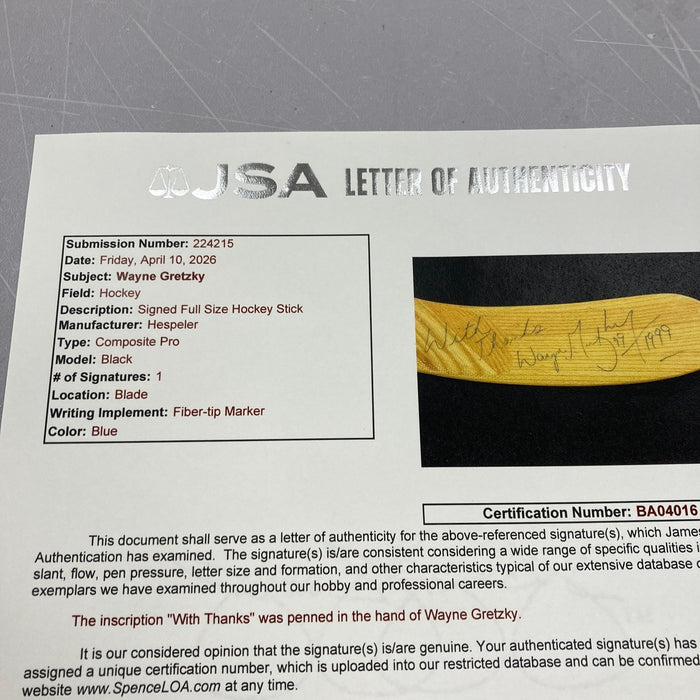 Wayne Gretzky Signed 1999 Game Issued Hespeler Hockey Stick JSA COA