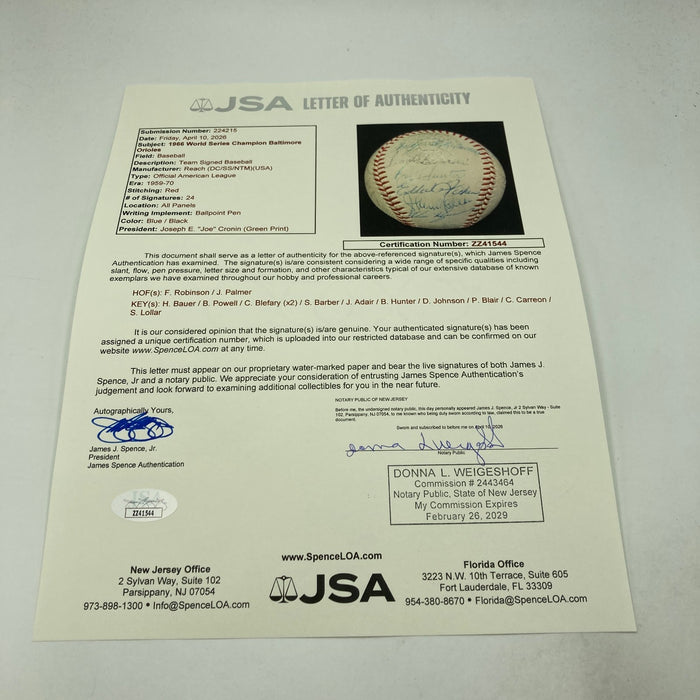 1966 Baltimore Orioles World Series Champs Team Signed AL Baseball JSA COA