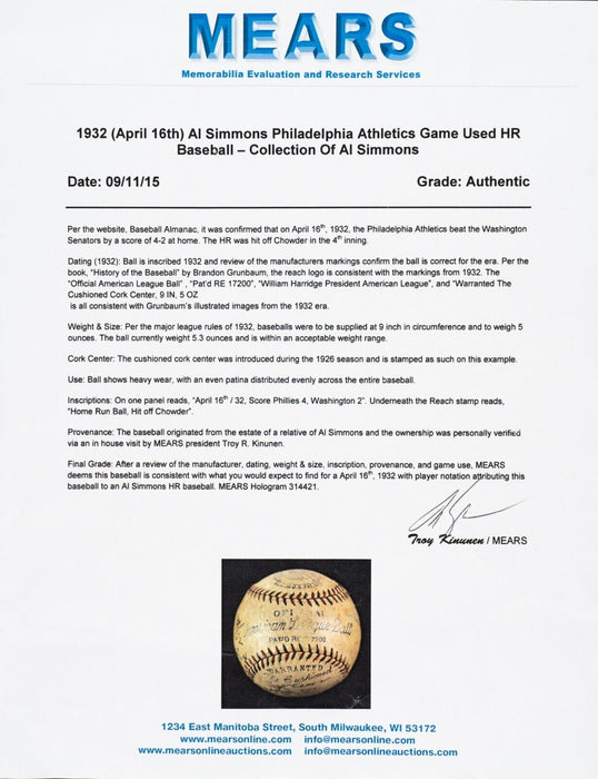 Al Simmons Actual 175th Career Home Run Game Used Baseball 4-16-1932 JSA COA