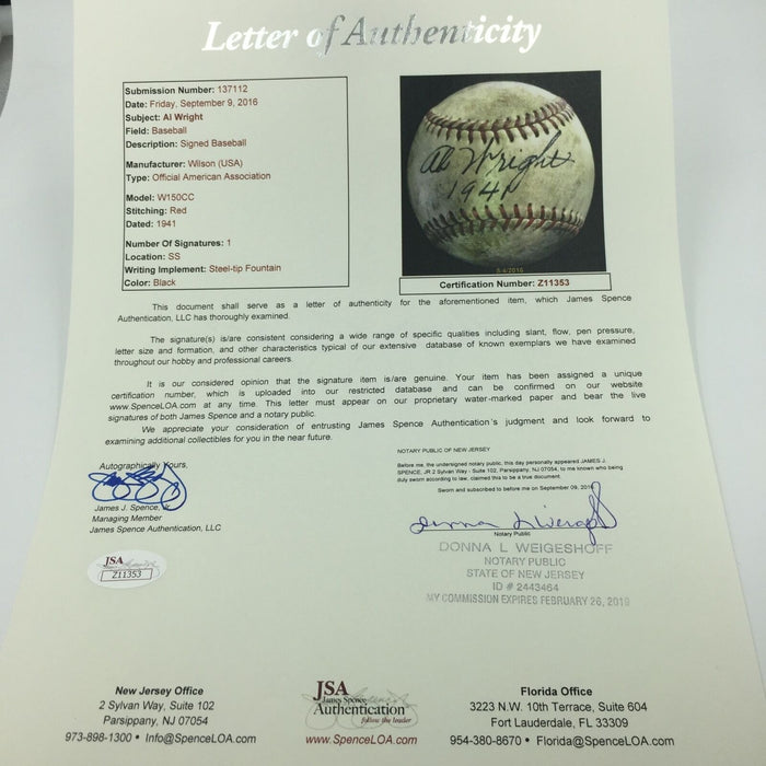Rare 1941 AB Wright Single Signed Game Used Minor League Baseball JSA COA