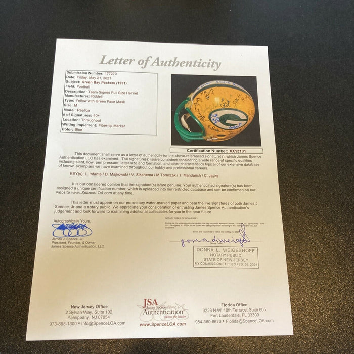 1991 Green Bay Packers Team Signed Full Size Helmet 40+ Sigs With JSA COA