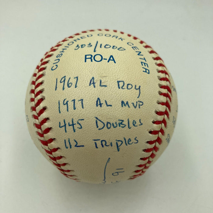 Rod Carew Signed Heavily Inscribed Career STAT Baseball Reggie Jackson COA