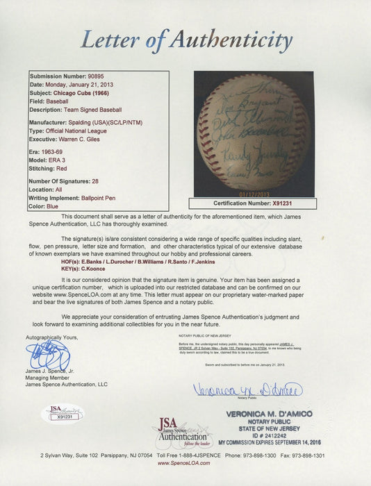 Beautiful 1966 Chicago Cubs Team Signed National League Baseball Ernie Banks JSA