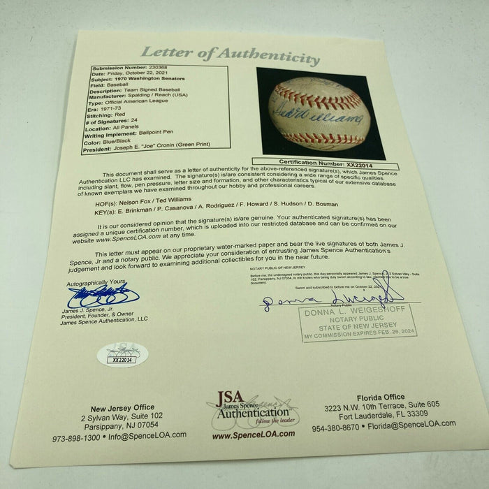 Ted Williams 1970 Washington Senators Team Signed American League Baseball JSA