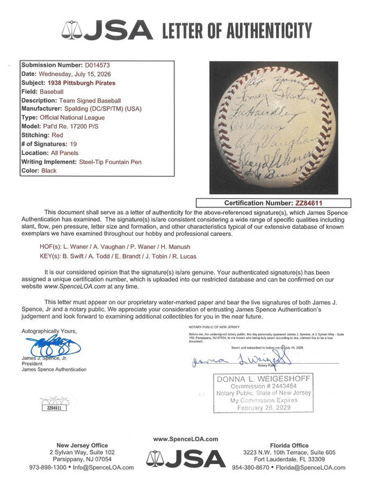 Arky Vaughan Lloyd Waner Paul Waner Heinie Manush 1938 Signed Baseball JSA COA