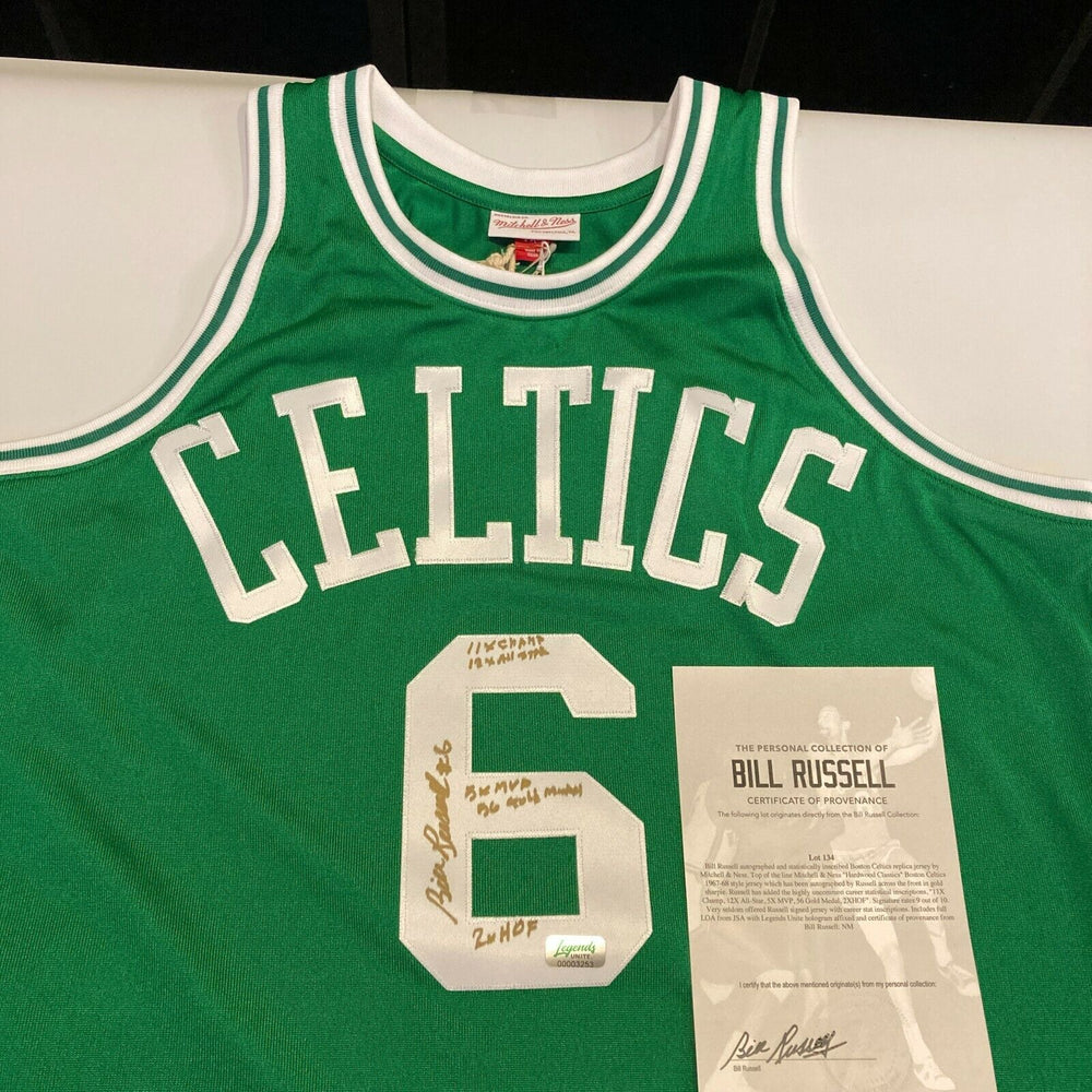 Bill Russell Signed Heavily Inscribed STATS Boston Celtics Jersey With JSA COA