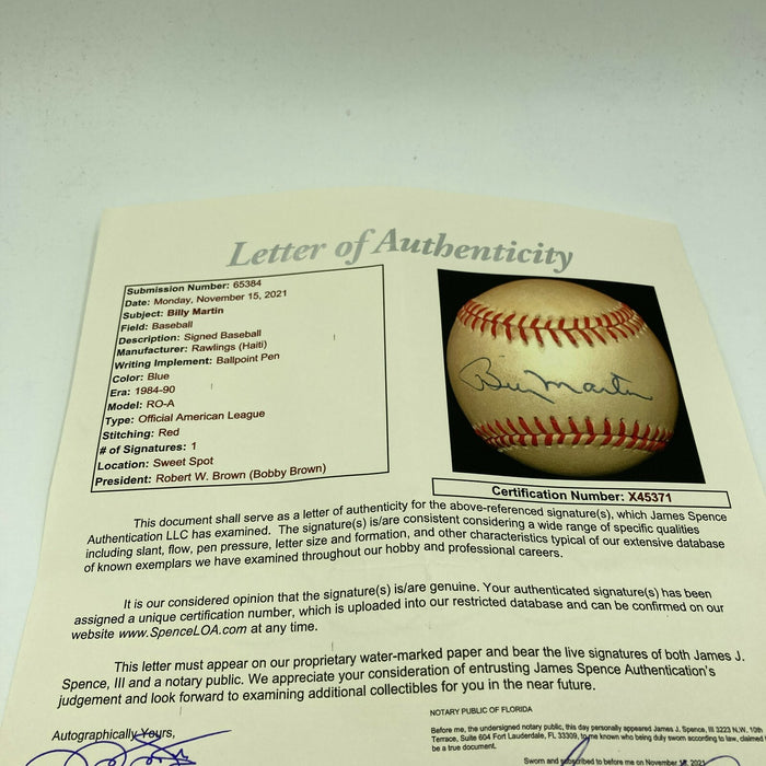Nice Billy Martin Signed Official American League Baseball With JSA COA