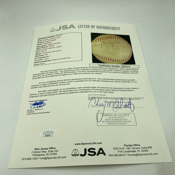 President Harry S. Truman Single Signed American League Baseball JSA COA