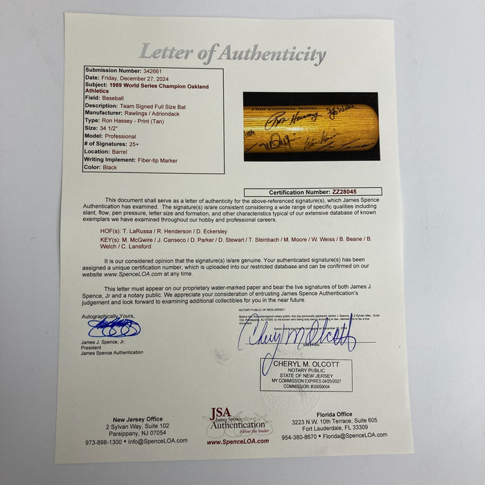 1989 Oakland A’s World Series Champs Team Signed Baseball Bat JSA COA