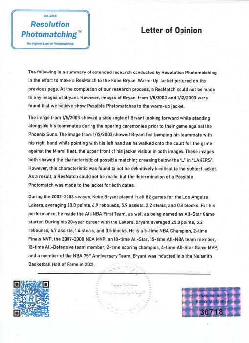 Kobe Bryant Signed Game Used 2002-03 Los Angeles Lakers Warm Up Suit PSA & JSA