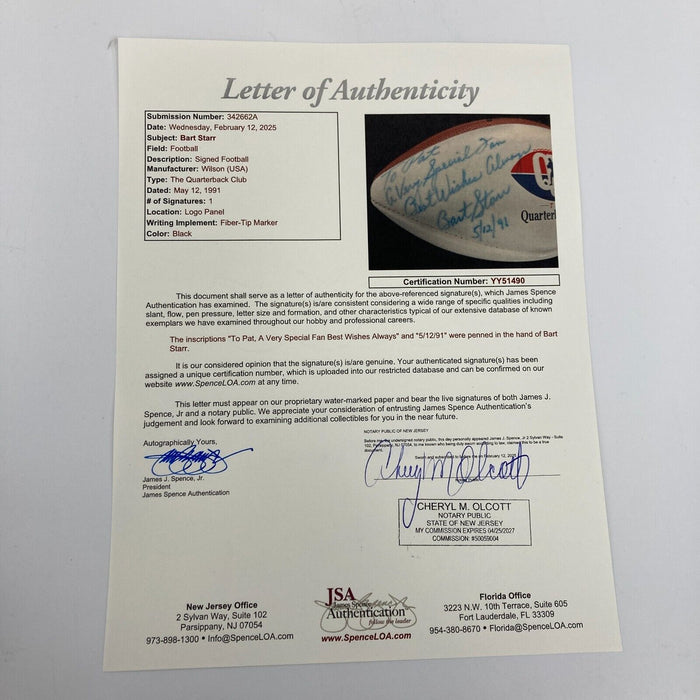 Bart Starr Signed The Quarterback Club Football JSA COA