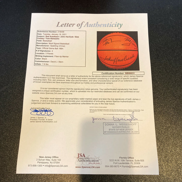 Red Auerbach John Havlicek Bob Cousy Celtics Legends Signed Basketball JSA COA