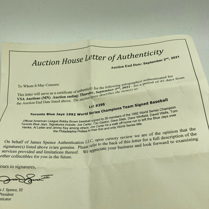 1992 Toronto Blue Jays World Series Champs Team Signed Baseball JSA COA