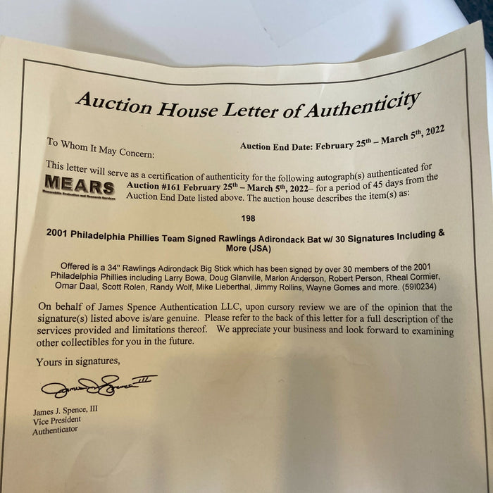 2001 Philadelphia Phillies Team Signed Baseball Bat 30 Sigs Scott Rolen JSA COA