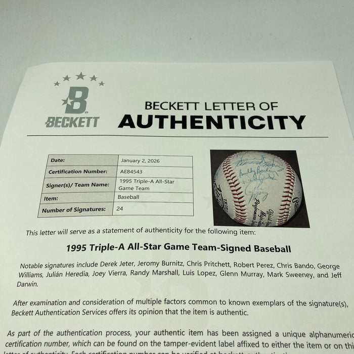 Derek Jeter Pre Rookie Triple-A All Star Game Team Signed Baseball Beckett