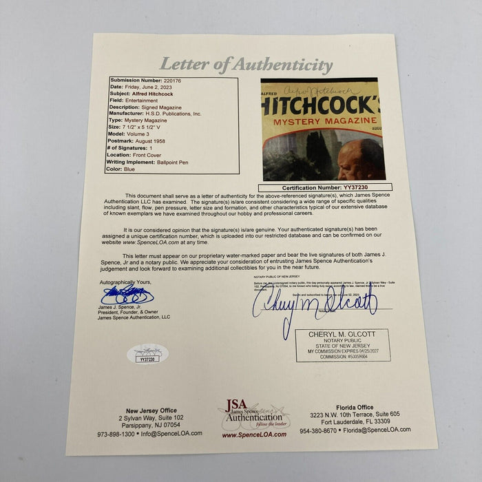 Alfred Hitchcock Signed 1958 Mystery Magazine Book JSA COA