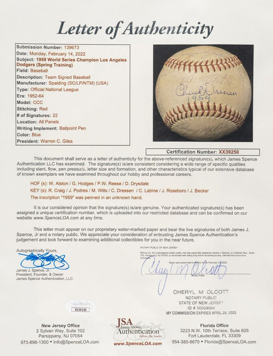 1959 Los Angeles Dodgers World Series Champs Team Signed Baseball JSA COA