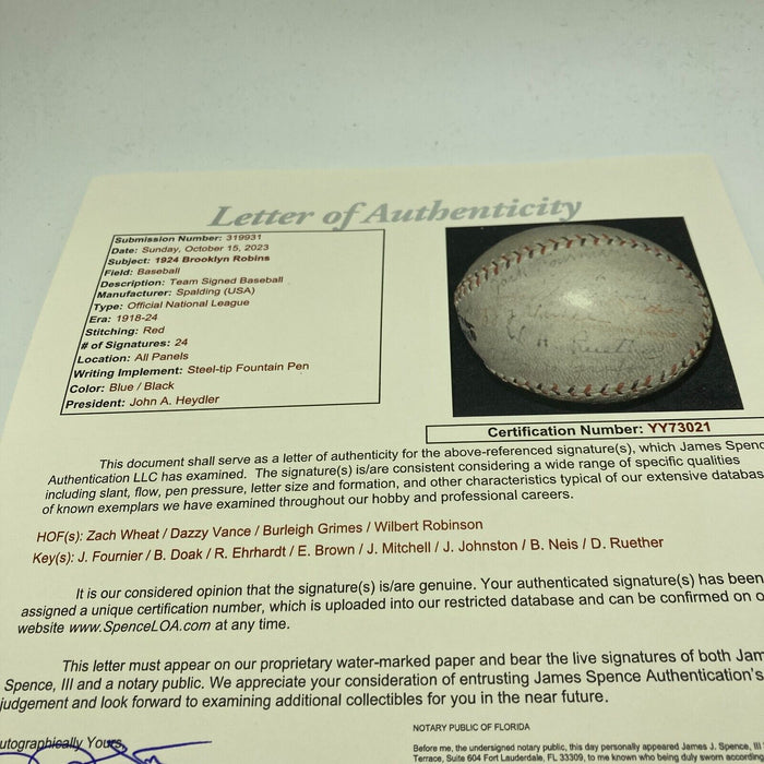 1924 Brooklyn Dodgers (Robins) Team Signed Baseball Wilbert Robinson JSA COA