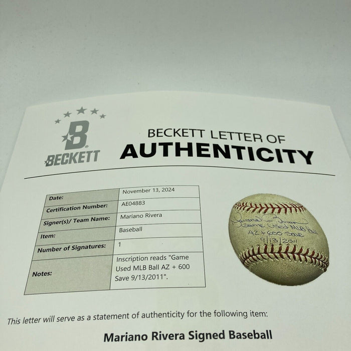 Historic Mariano Rivera 600th Save Signed Game Used Baseball Beckett & MLB Auth