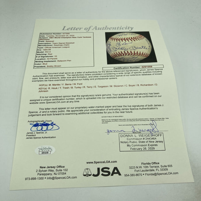 1961 New York Yankees World Series Champs Team Signed Baseball Mickey Mantle JSA