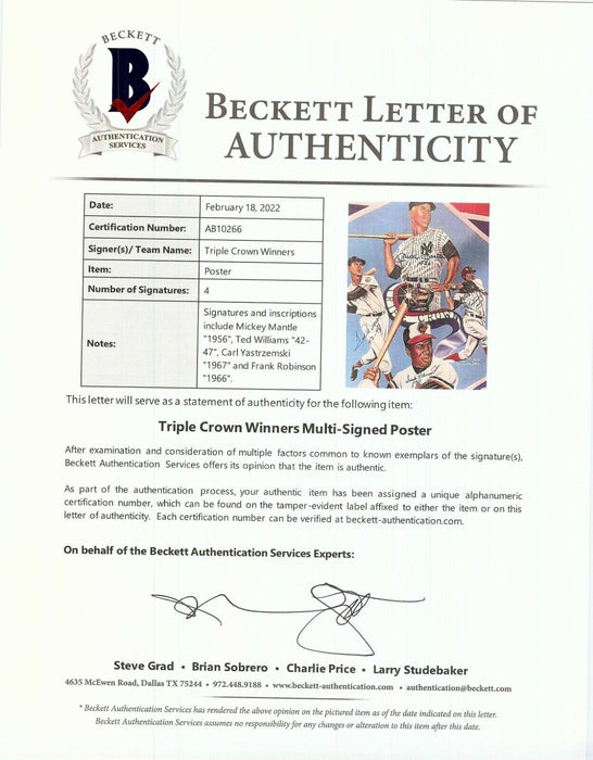 Mickey Mantle Ted Williams Carl Yastrzemski Triple Crown Signed 18x24 Photo BAS