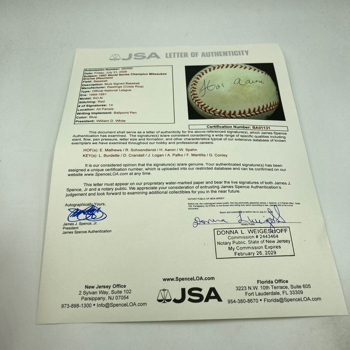 1957 Milwaukee Braves World Series Champs Team Signed Baseball JSA COA
