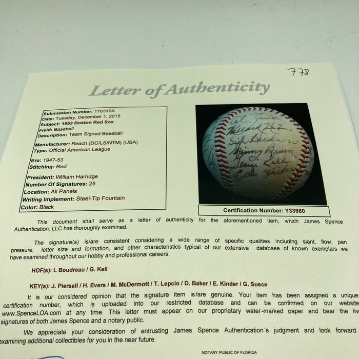 Nice 1953 Boston Red Sox Team Signed American League Harridge Baseball JSA COA