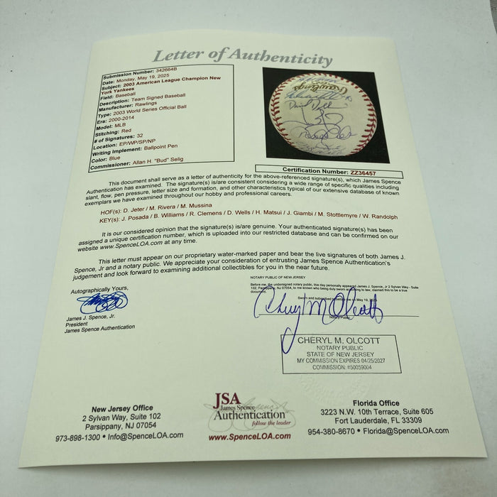 2003 New York Yankees Team Signed World Series Baseball Derek Jeter JSA COA