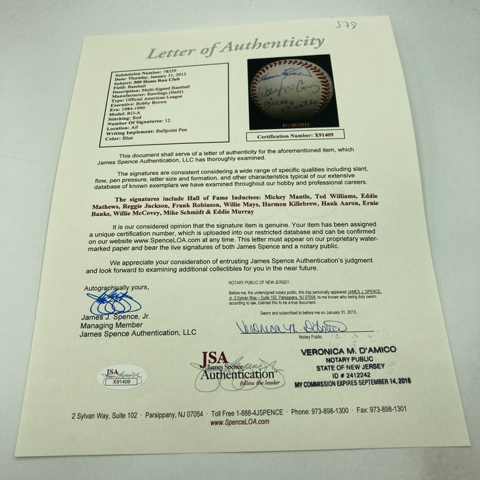 500 Home Run Club Signed Baseball Mickey Mantle Ted Williams 12 Sigs JSA