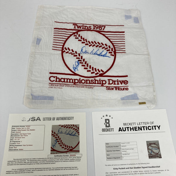 Kirby Puckett Signed 1987 Minnesota Twins Homer Hanky JSA & Beckett COA