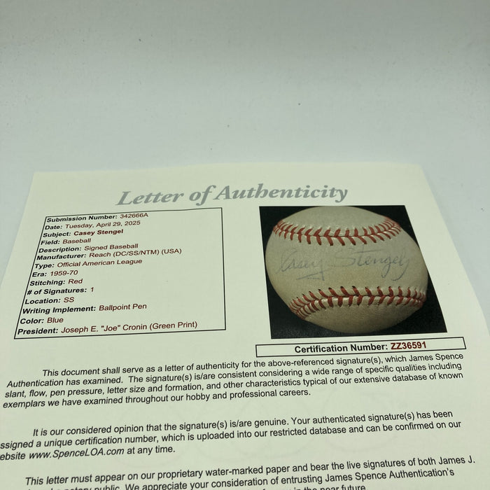 Casey Stengel Single Signed 1960's American League Joe Cronin Baseball JSA COA